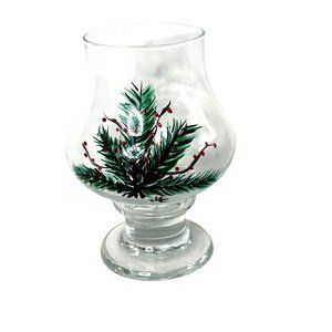 NWOT Hand painted signed red berries boughs hurricane glass votive candle holder